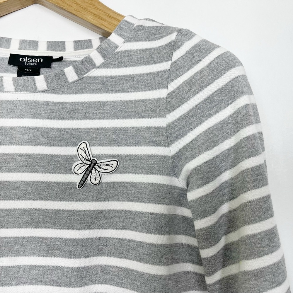 Olsen Women’s Grey and White Cotton Striped 3/4 Sleeve Top‎ Size XS/4 Dragonfly